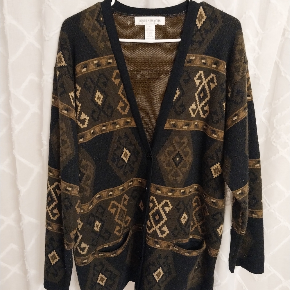 VINTAGE JONES NEW YORK ACRYLIC/WOOL GEOMETRIC  PATTERN CARDIGAN SWEATER/M